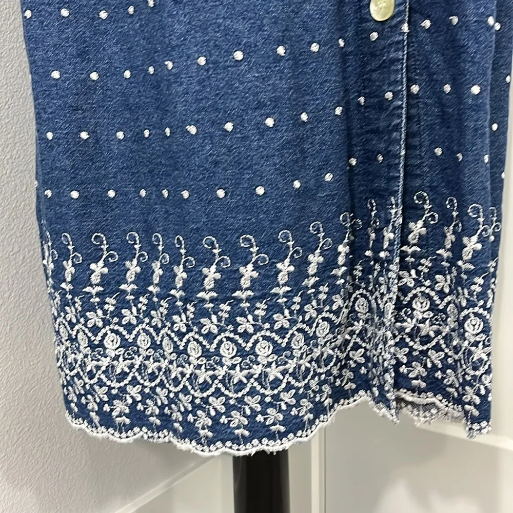 Vintage 90s GTG Small Blue Denim Midi Short Sleeve Momcore Dress w/Pockets - Image 12