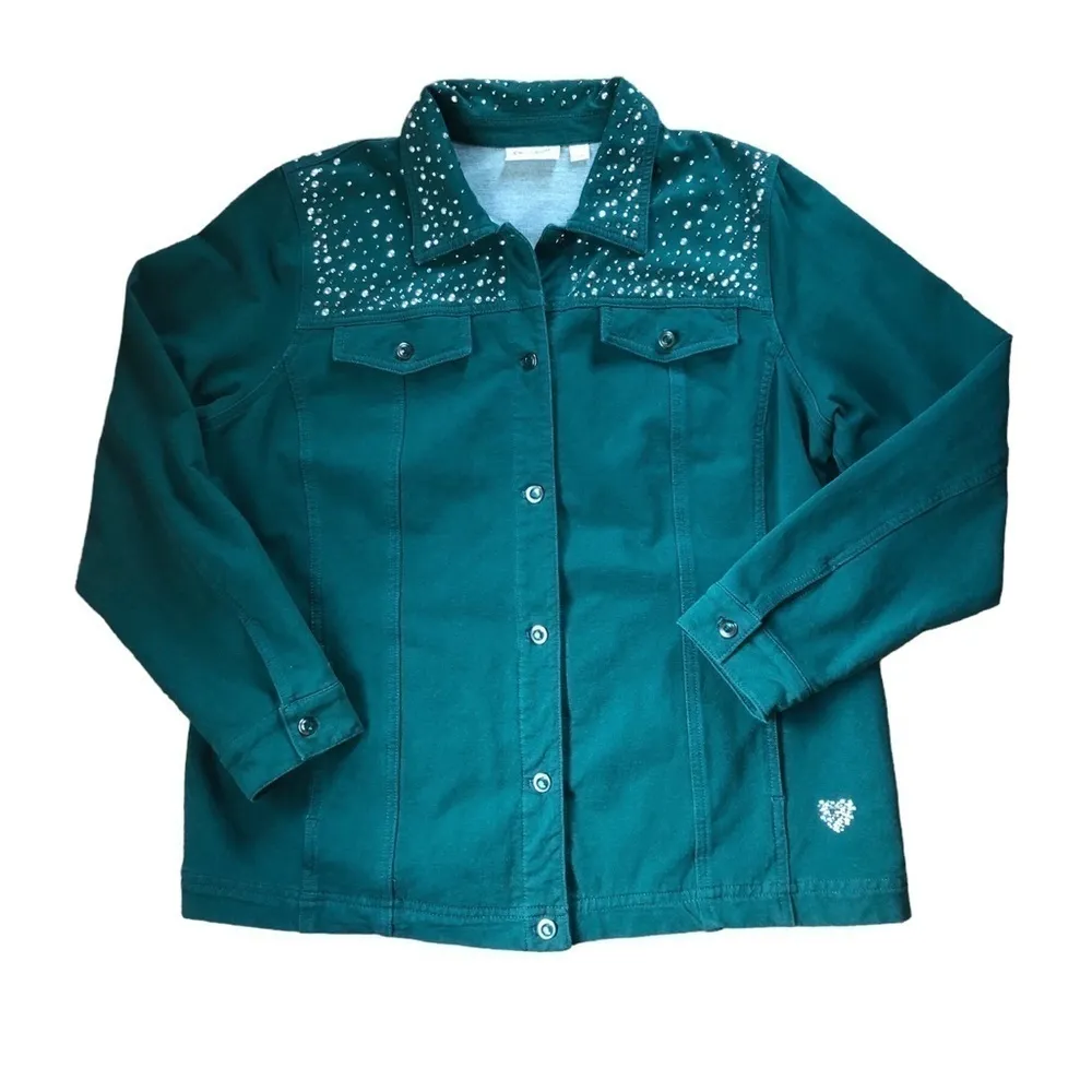 Dream Jeanne’s By Quacker Factory Studded Stretch Jean Jacket Sz L Dk Green - Image 4