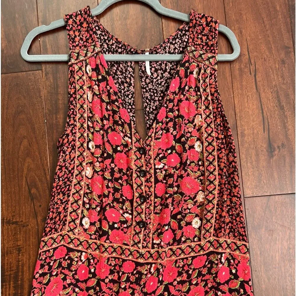 Free People Boho Red Black Floral Crop Jumpsuit Size Medium - Image 10