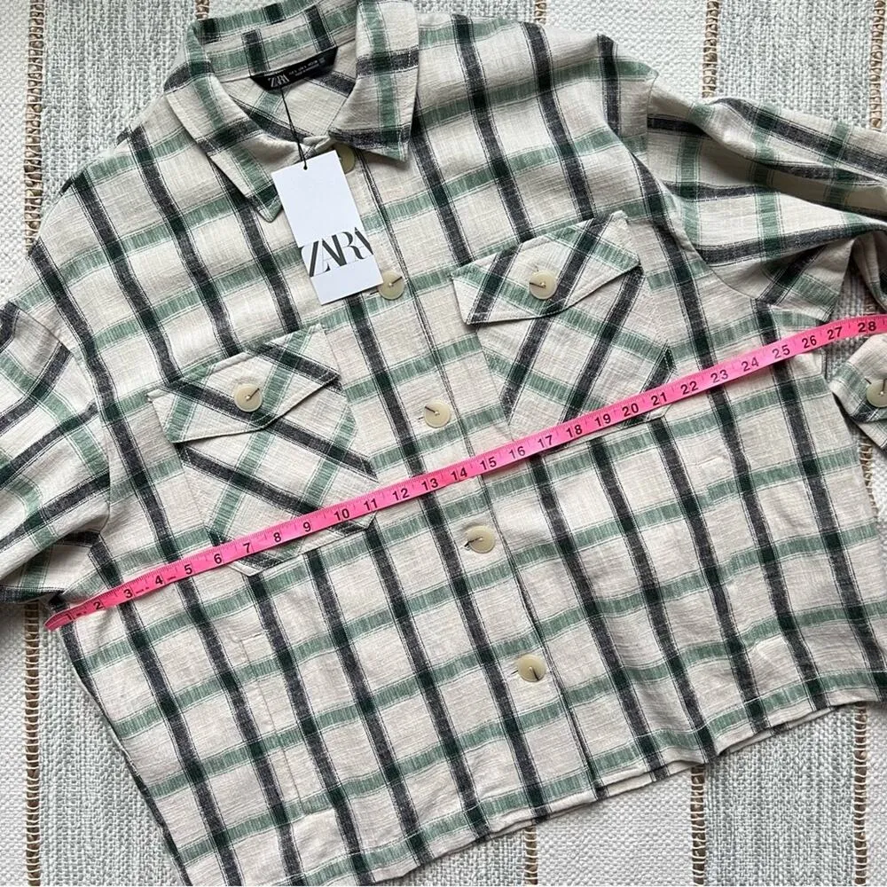 ZARA Green Cream Plaid Oversized Button Down Overshirt Shacket Womens Size Large - Image 4