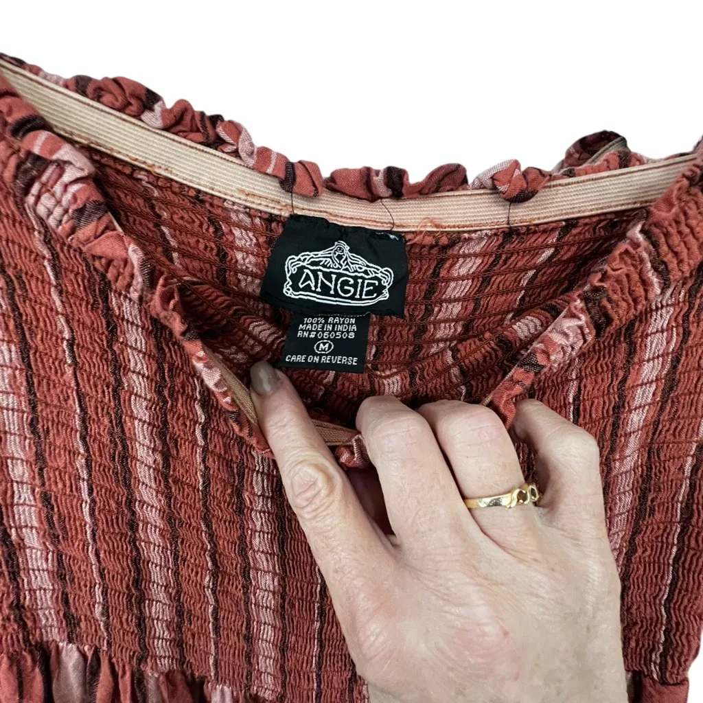 Angie Burgundy Strapless Striped Smocked Bodice Ruffled Hem Jumpsuit - Image 3