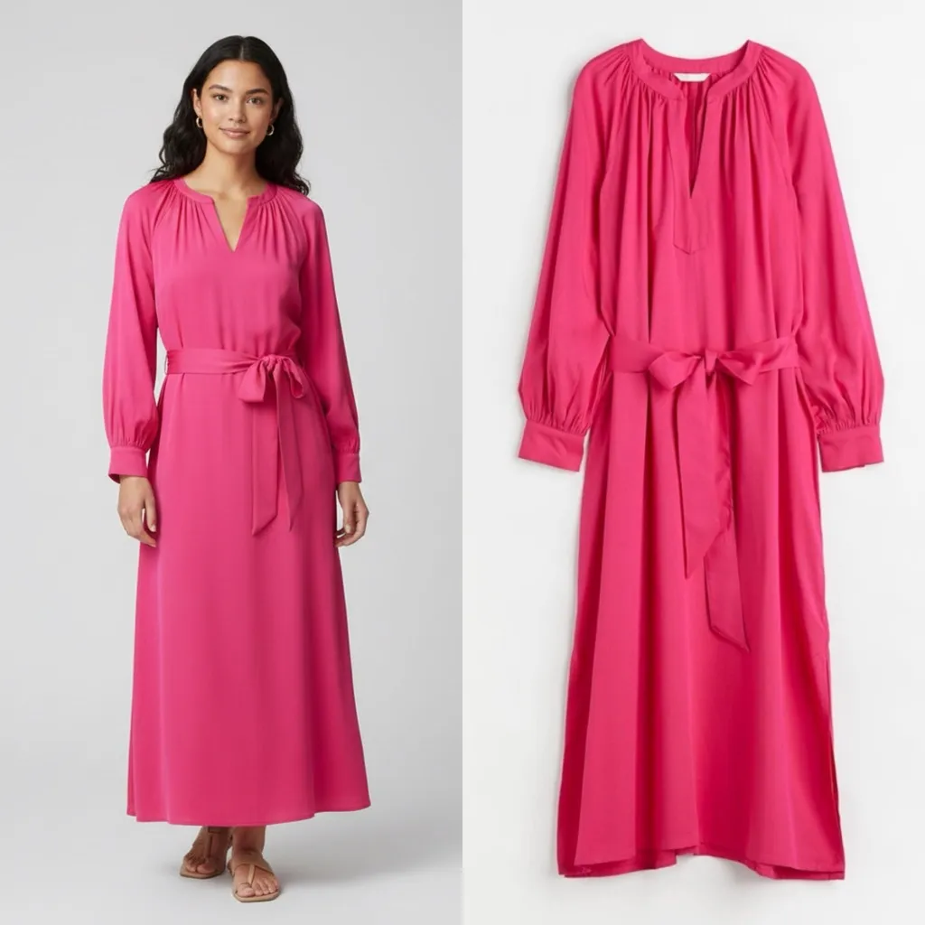 H&M Long Sleeve Split Neck Belted Maxi Dress Barbiecore Barbie Pink Size M NWT - Image 2