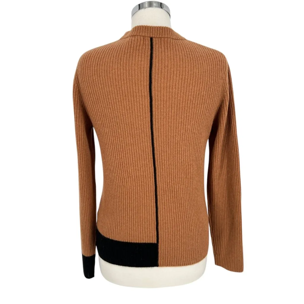 Elie Tahari 100% Cashmere Ribbed Crewneck Sweater Camel Brown Black Size Large - Image 7
