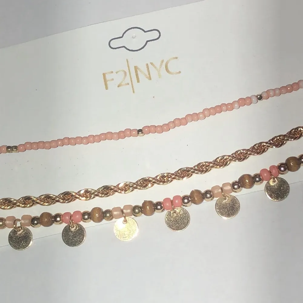 3 Gold Tone Pink Beaded Boho Ankle Bracelets - Image 2