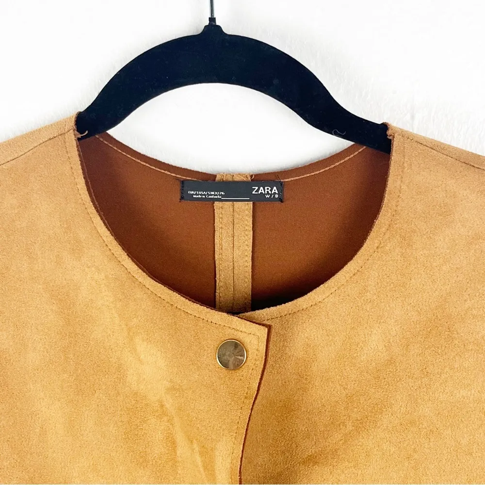 ZARA Faux Suede Vegan Fur Trim Camel Snap Button Closure Side Pocket Coat Small - Image 5