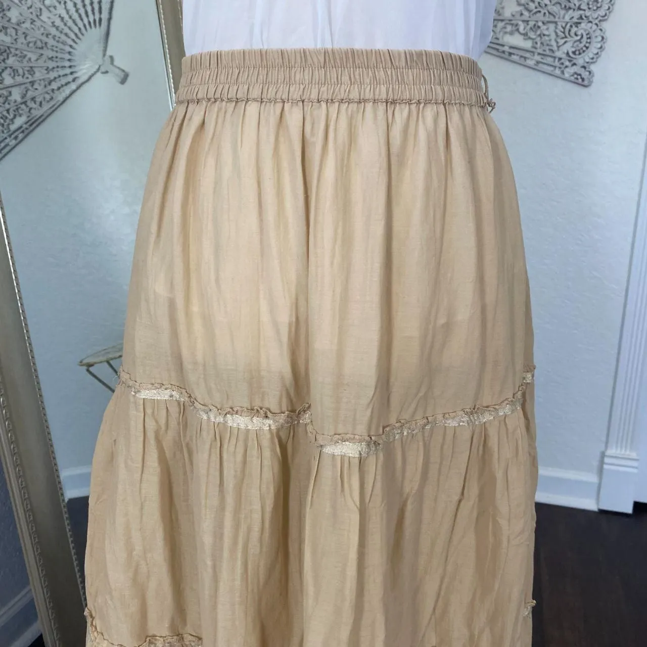 White Stag Boho Cottage Core Tan Cream Tiered Cotton Midi Skirt Size L 12 / 14 - Image 2