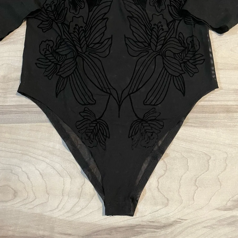 LOVE CULTURE Sheer Black Floral Long Sleeve Onesie -See Measurements - Image 2
