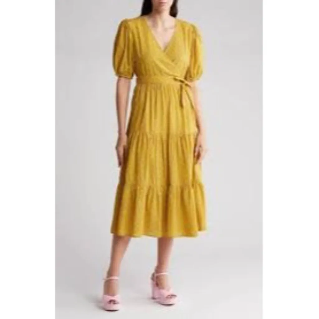 Frnch‎ Paris Yellow Floral Wrap Midi Dress S V-Neck Puff Sleeves Cinch Waist Tie - Image 2