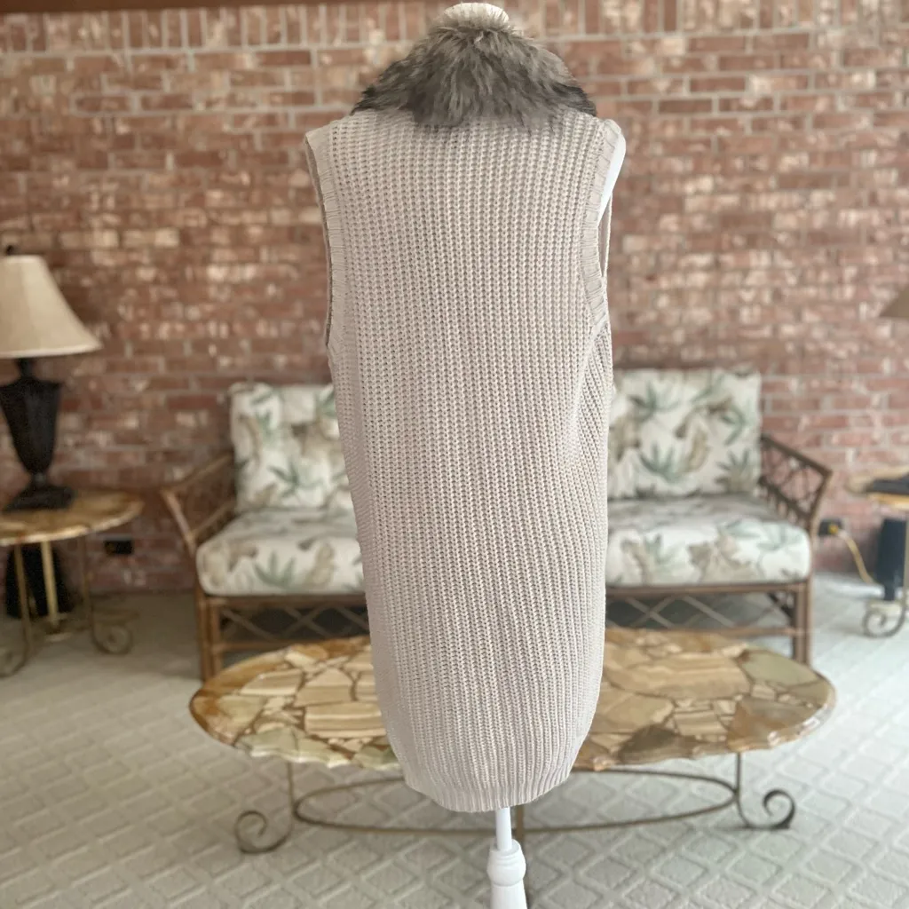 Jessica Simpson Cardigan Faux Fur Trim Knit Duster Open Front Beige XL Chic Vest - Image 7