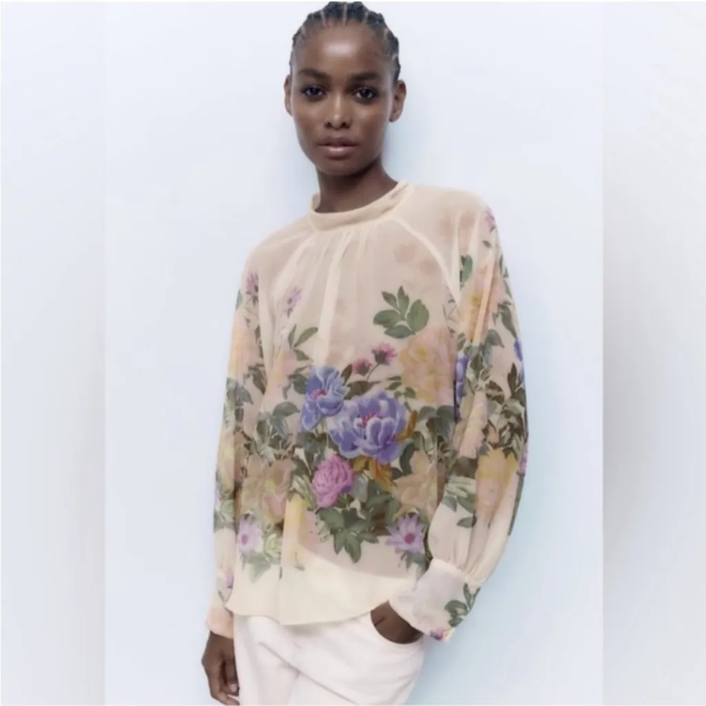 Zara Tan Cream Floral Long Sleeve Blouse - Image 2