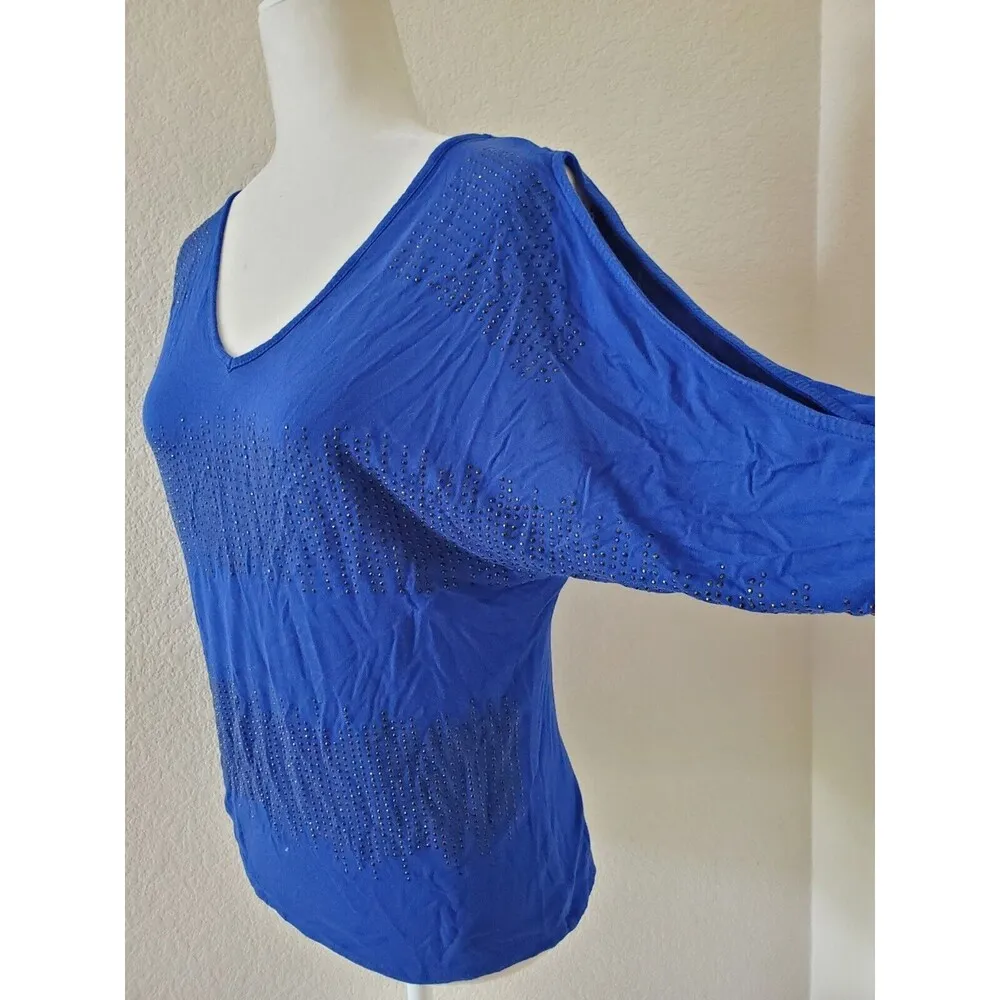 SAY WHAT? Shirt Women Medium Blue Cold Shoulder Top Rinestone Classic V Neck - Image 3