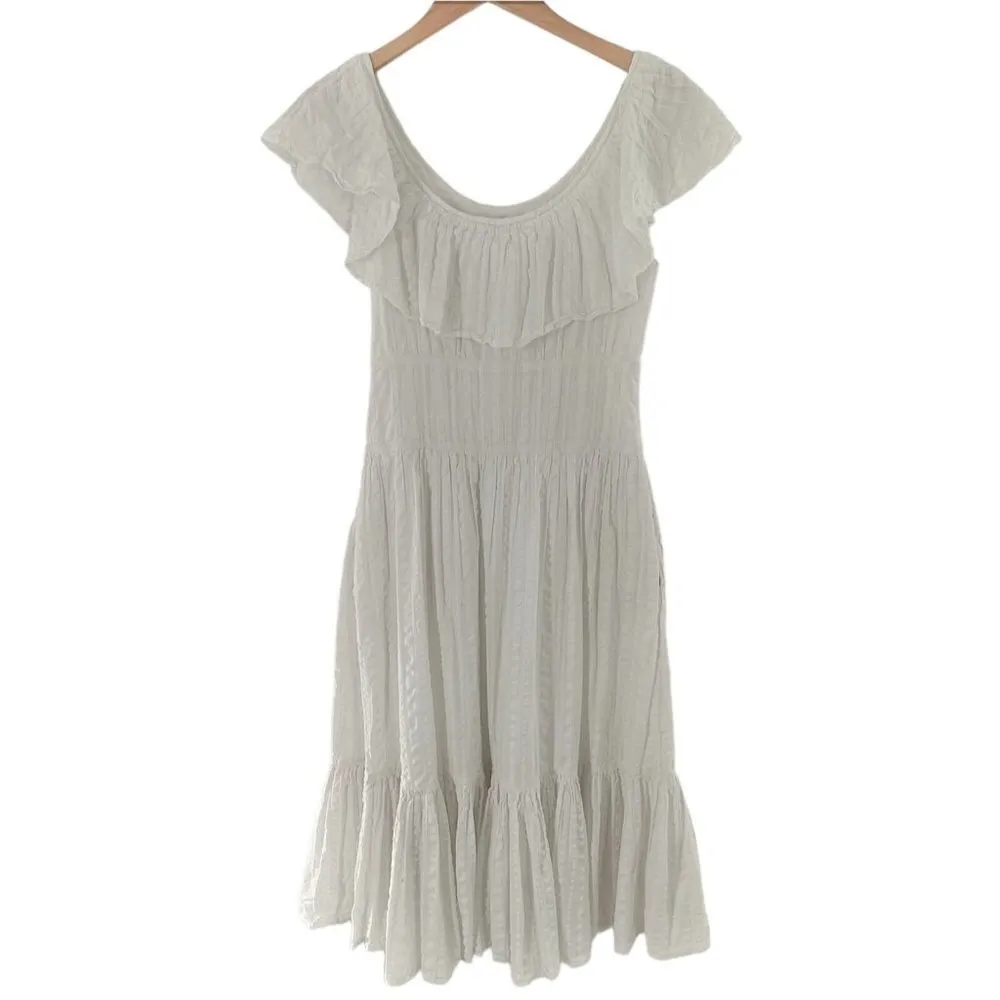 TORY BURCH White Tonal Stripe Cotton Seersucker Dress Size 4 - Image 7