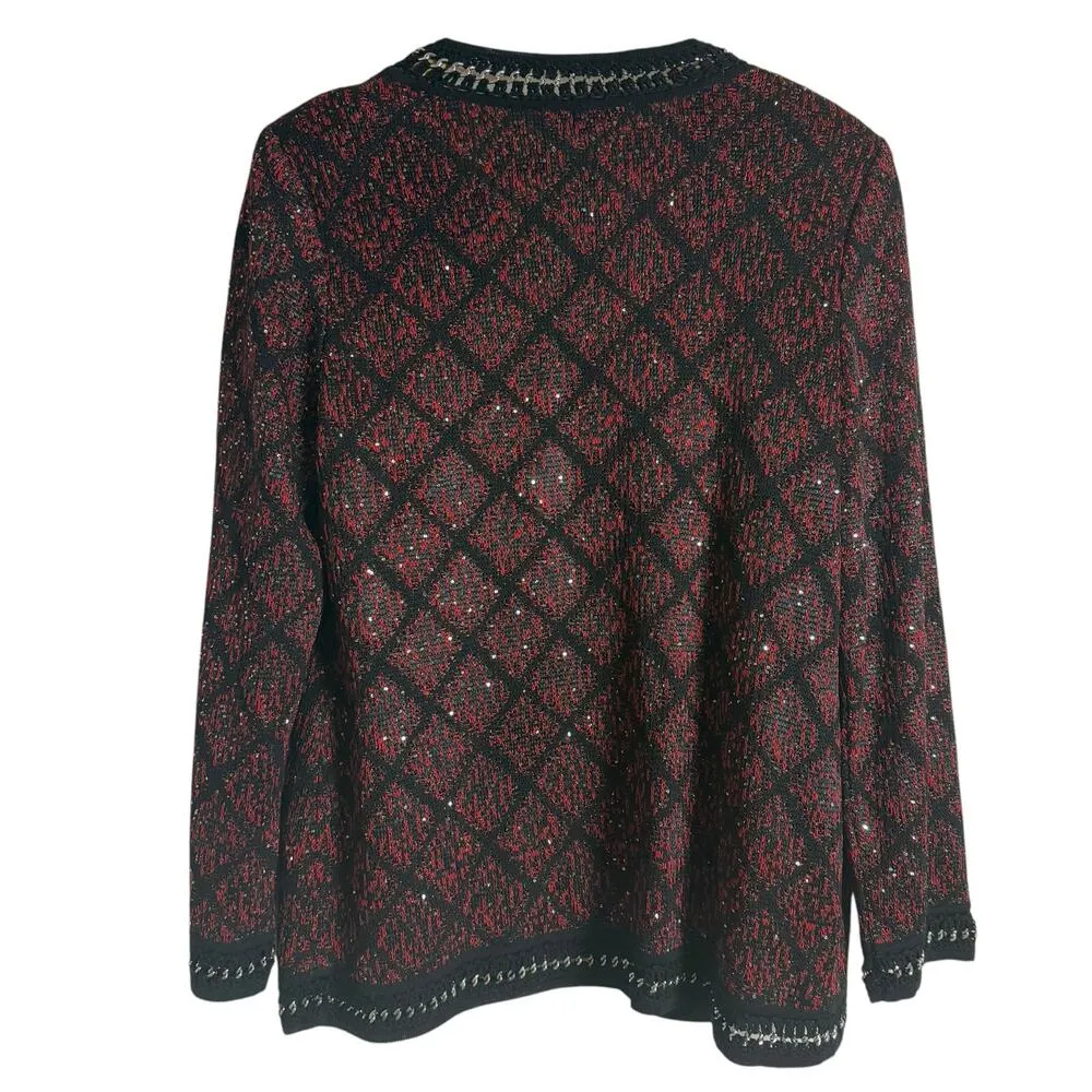 Misook  Crochet Chain Trim Mini Sequin Knit Jacket Crimson Red Black Size Medium - Image 10