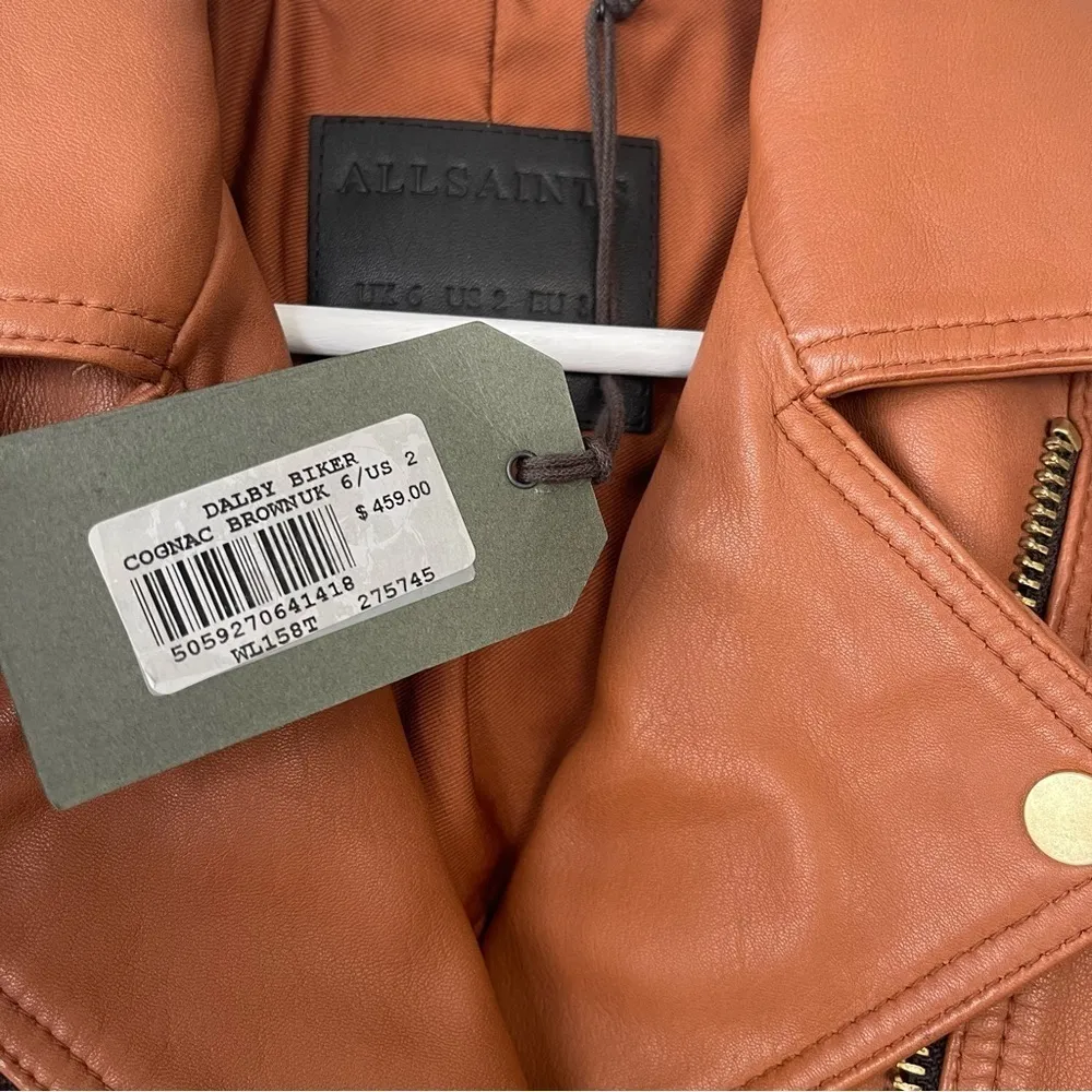 NWT AllSaints Dalby Slim Fit Leather Biker Jacket Cognac Brown Size 2 - Image 6