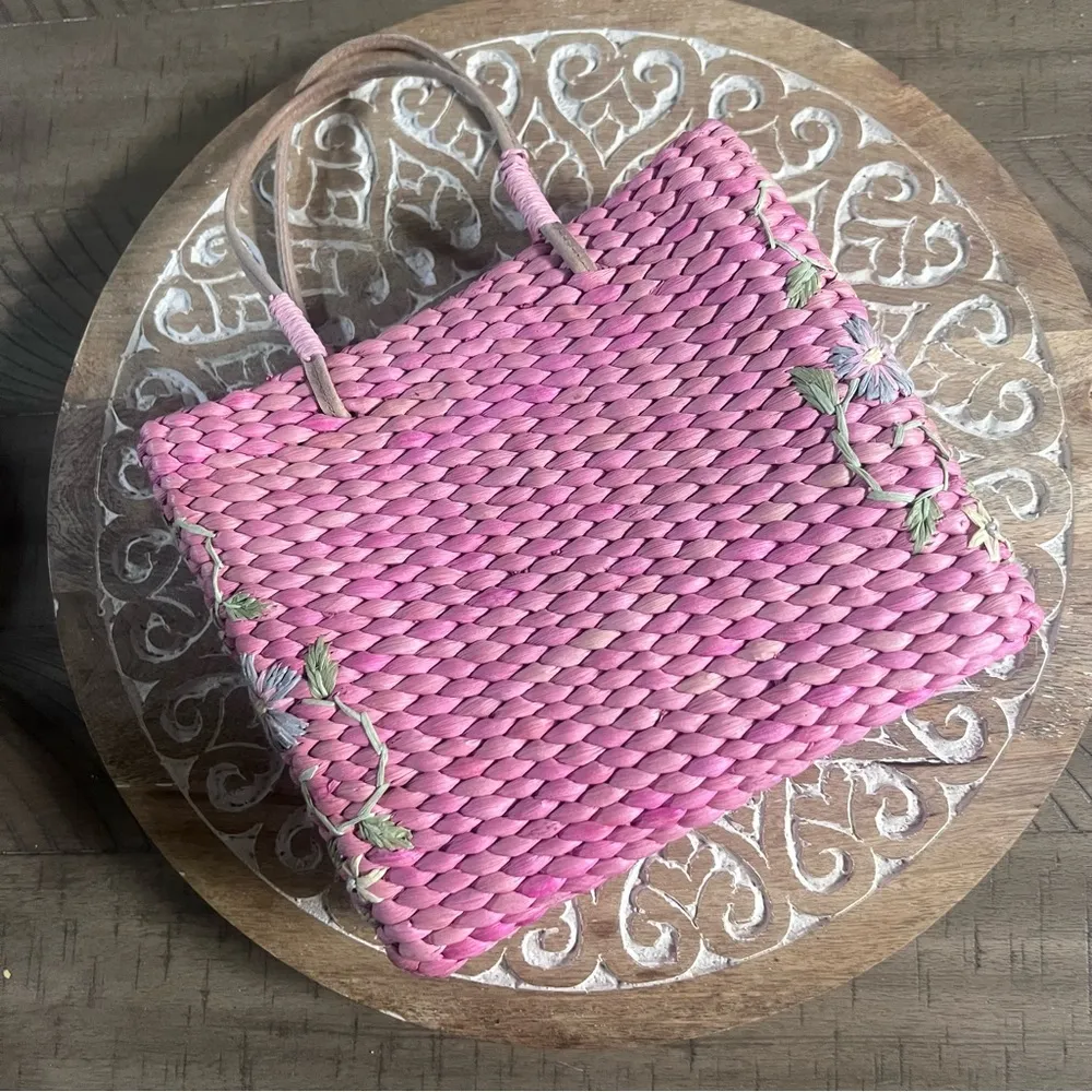 Vintage pink straw wicker square bag - Image 5