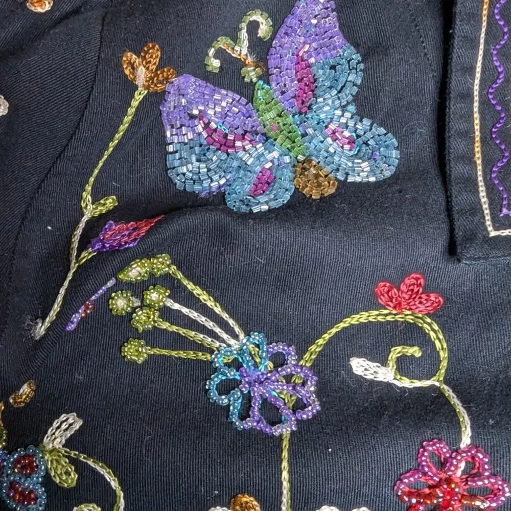 Vtg Y2K Quacker Factory Black Floral Butterfly Embroidered Bead Cotton Jacket M - Image 3