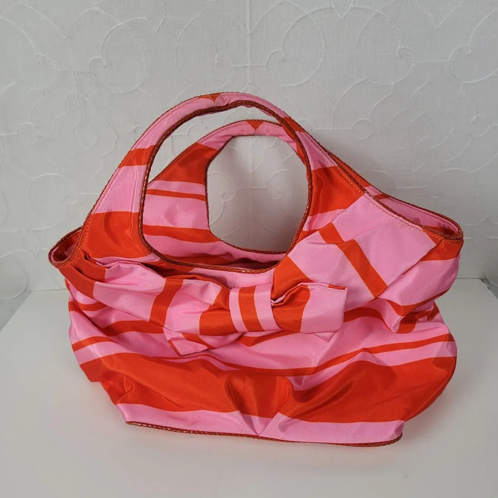 Kate Spade Womens Bow Bag Red Pink Striped Ribbon Nylon Tote Handbag Purse - Image 7