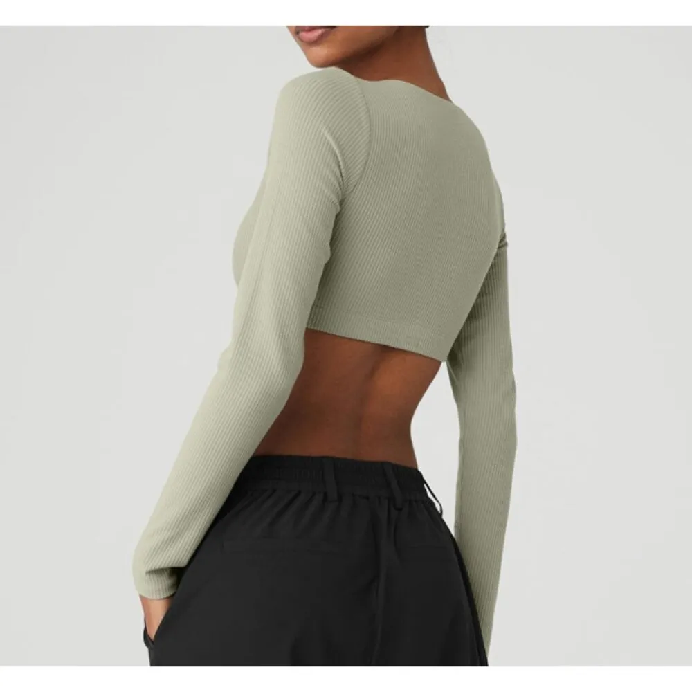 Alo Ribbed Defined Long Sleeve Limestone Cropped Scoop Neck Fitted Crop Top M - Image 2