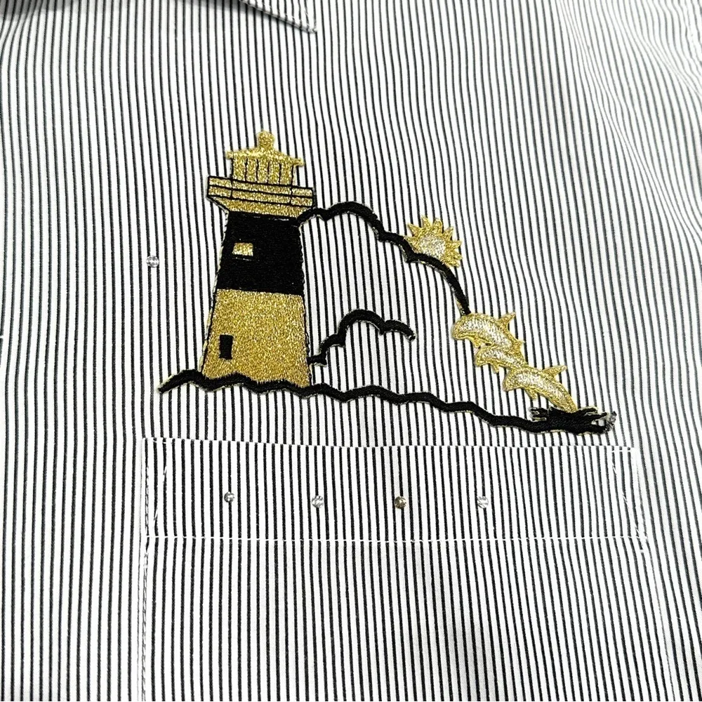 Vintage Las Olas Nautical Embroidered & Embellished Button Down Striped Shirt - Image 2