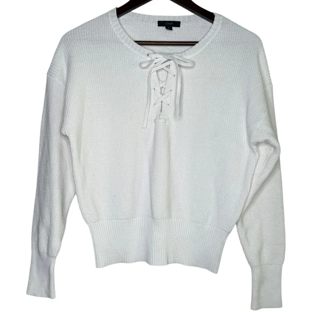 J.Crew Front Lace Long Sleeve Stretch Plush Knit Sweater Rib Hems M True White - Image 10