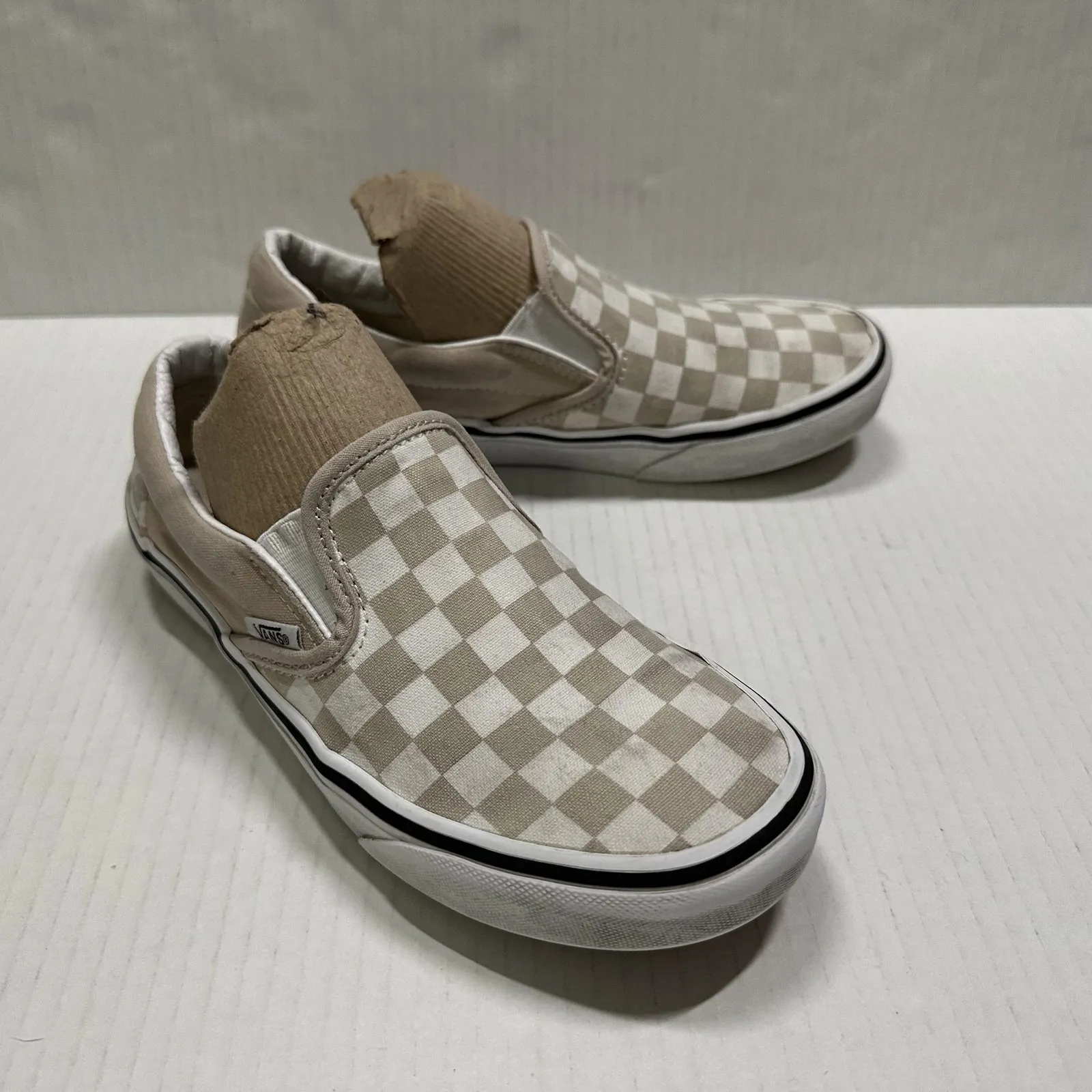 Vans Shoes Mens Size 4 W 5.5 Beige Checkerboard Slip On Skate Sneakers Canvas - Image 2