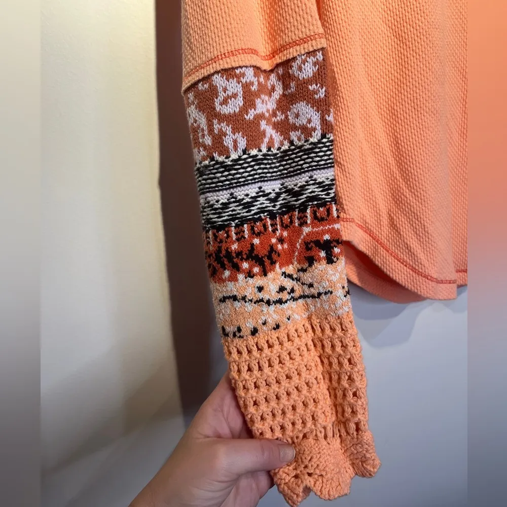 Free People In The Mix Thermal Cuff Tee Rio Orange Long Sleeve Boho Top L - Image 8