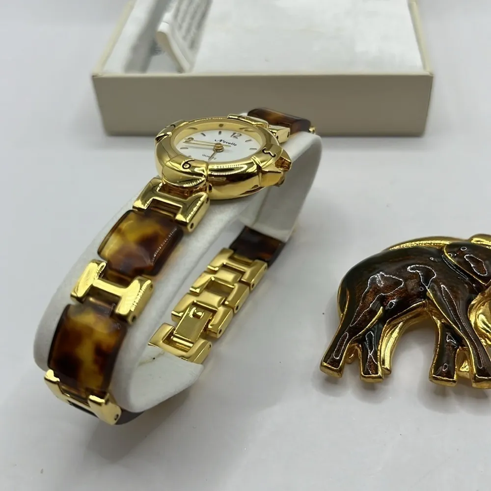 Elephant Novelle watch Faux Tortoise Gold Tone Link Watch Pin Gift Set - Image 7