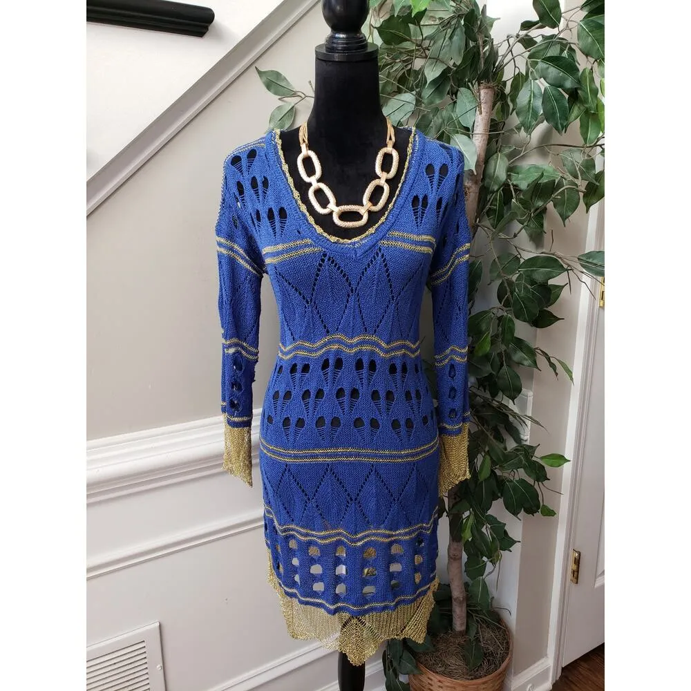Step in Style Tunic Top Womens Large Blue Crochet Long Sleeve Fringe Hem V Neck - Image 2