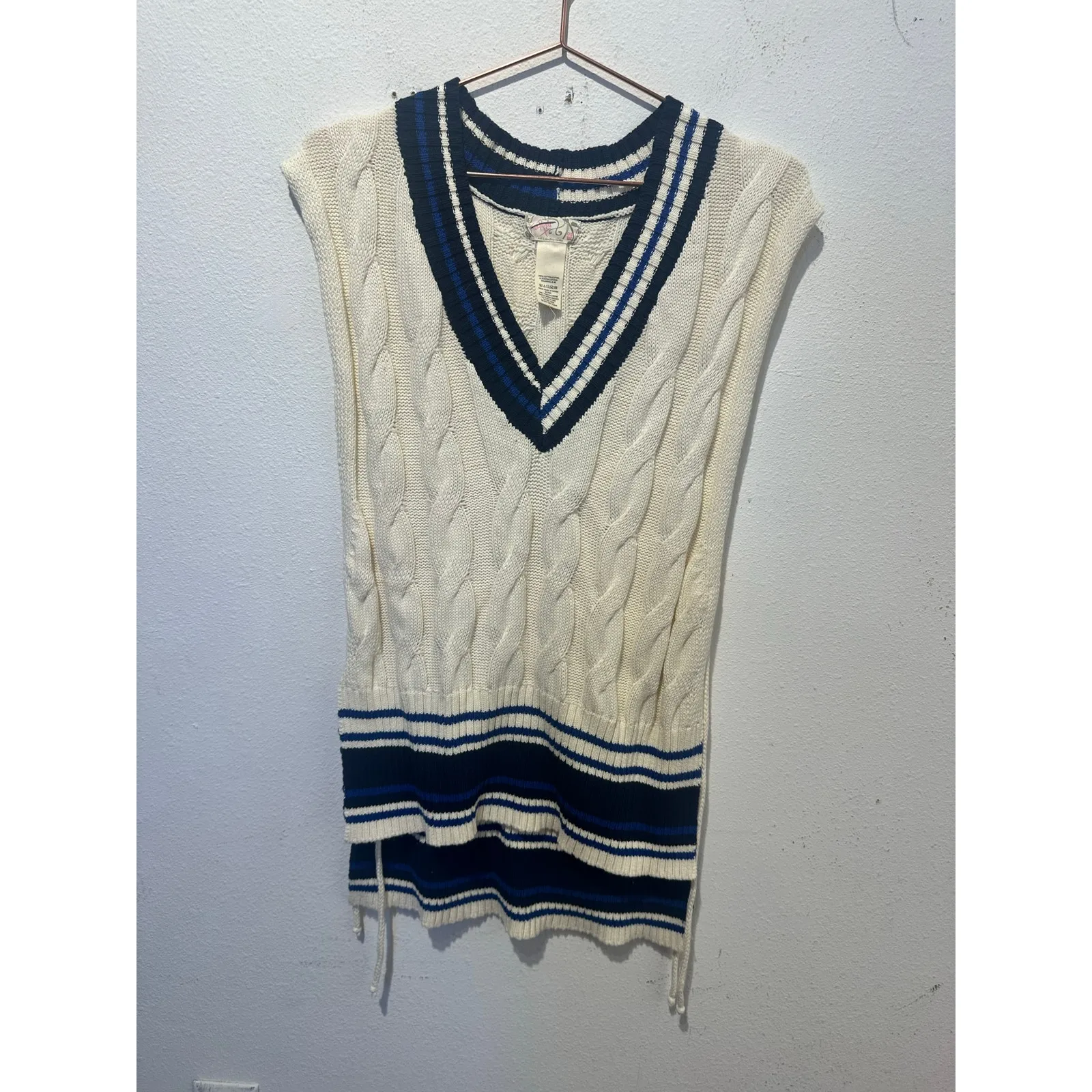 FREE PEOPLE NWOT Navy Blue Cream Coastal Preppy Poncho Cable Knit Sweater OS - Image 3