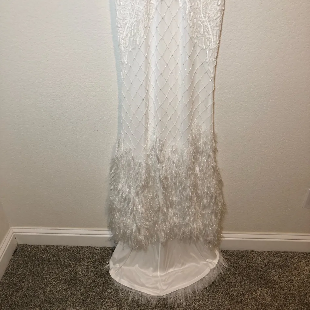 Lulus Glamorous Vow White Beaded Feather Lurex Mermaid Maxi Dress Size S - Image 5