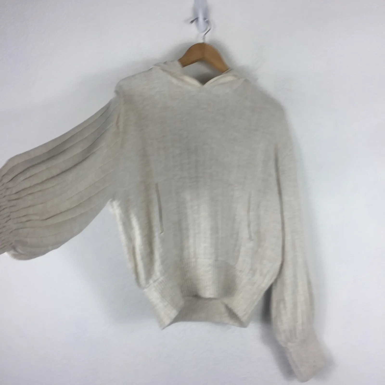 Zara Cream Cropped Knit Ribbed Oversized Comfy Hoodie Sweatshirt Medium Chic - Image 13