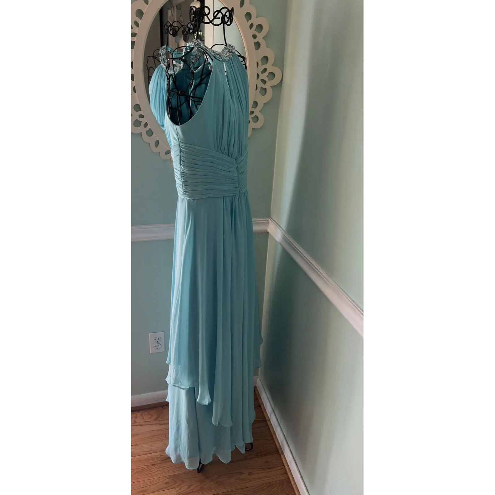 $240 ELIZA J Embellished Tiered Chiffon Halter Gown formal AQUA WHISPER‎ 4 - Image 4