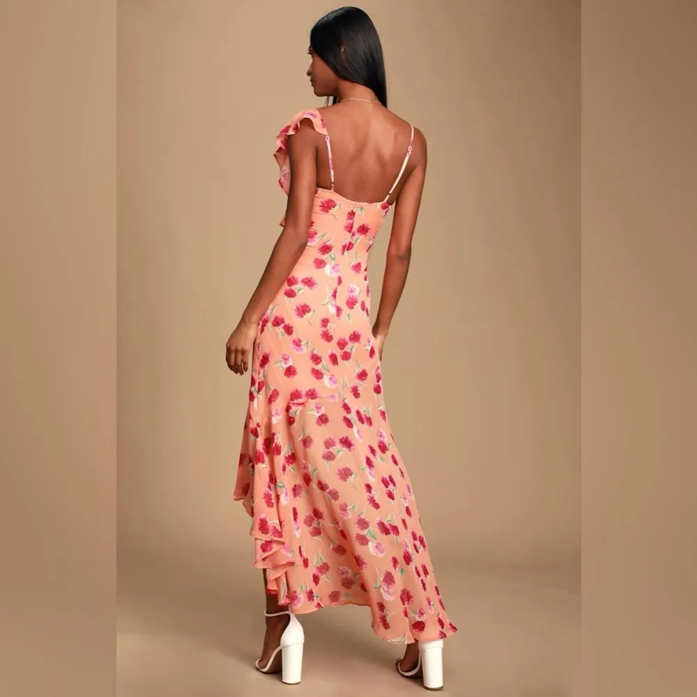 Lulu’s Bloom Forever Coral Orange Floral Print Ruffled High-Low Dress - Image 5