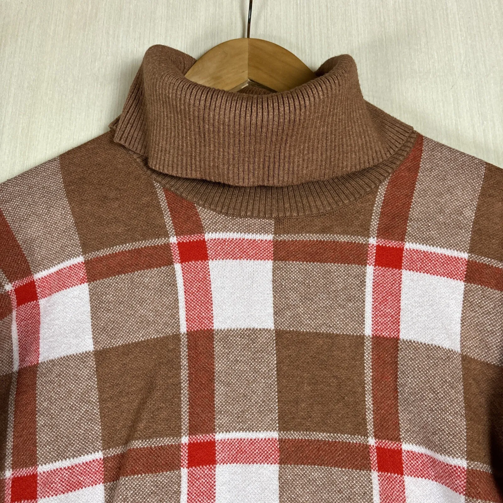 Tahari Womens Sweater Sz S Plaid Turtle Neck Brown Red Harvest Fall Winter Top - Image 2