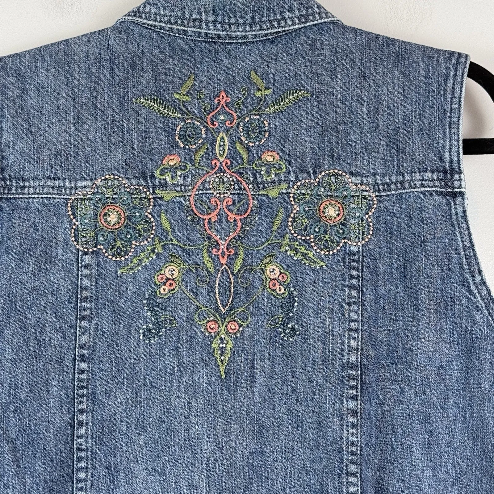 Christopher Banks Denim Boho Vest M Blue Embroidered Collared Eclectic Western - Image 7