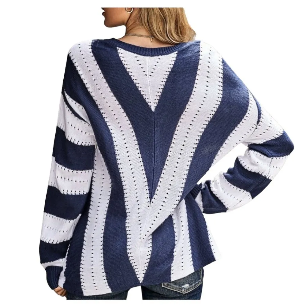 BLUE WHITE STRIPED COLOR BLOCK V NECK KNITTED SWEATER MEDIUM - Image 2
