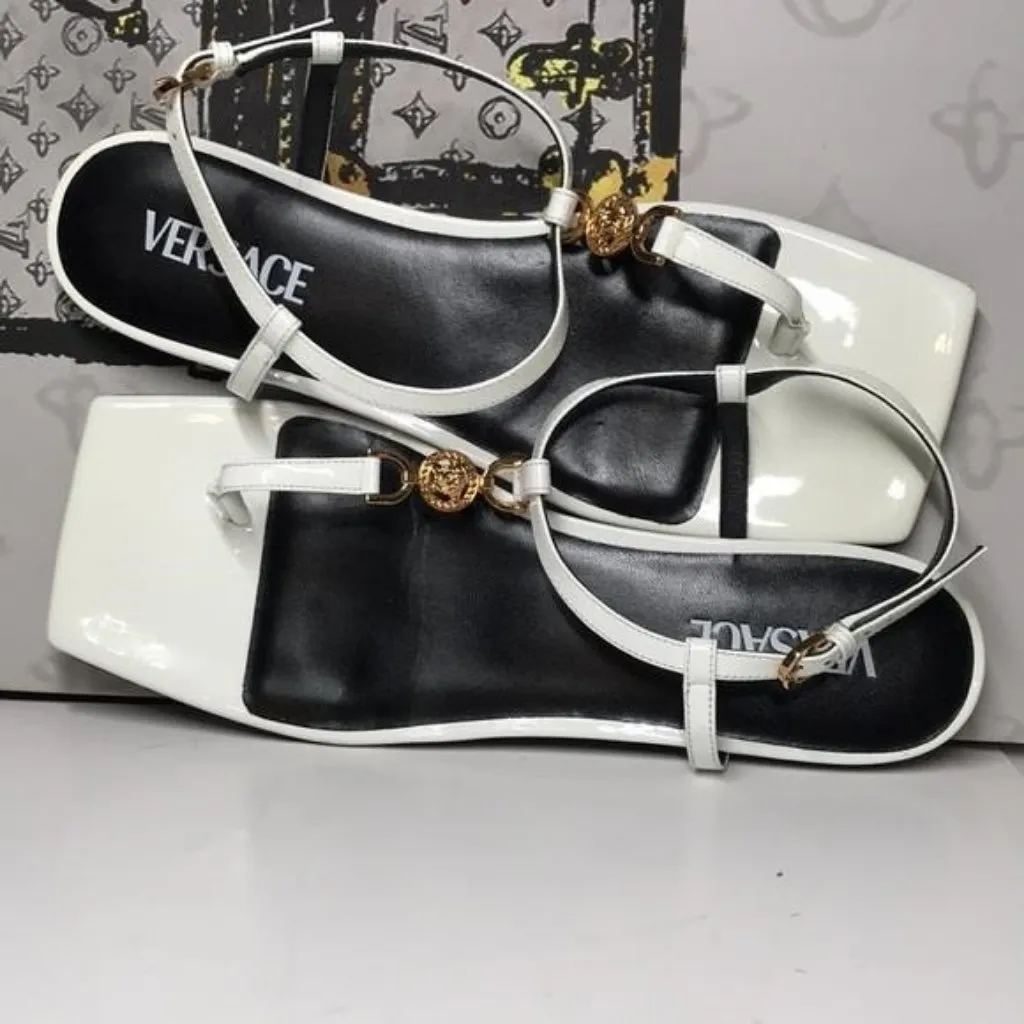 New Authentic Versace Designer Square-Toe Patent Leather T-Strap Sandals - Image 5