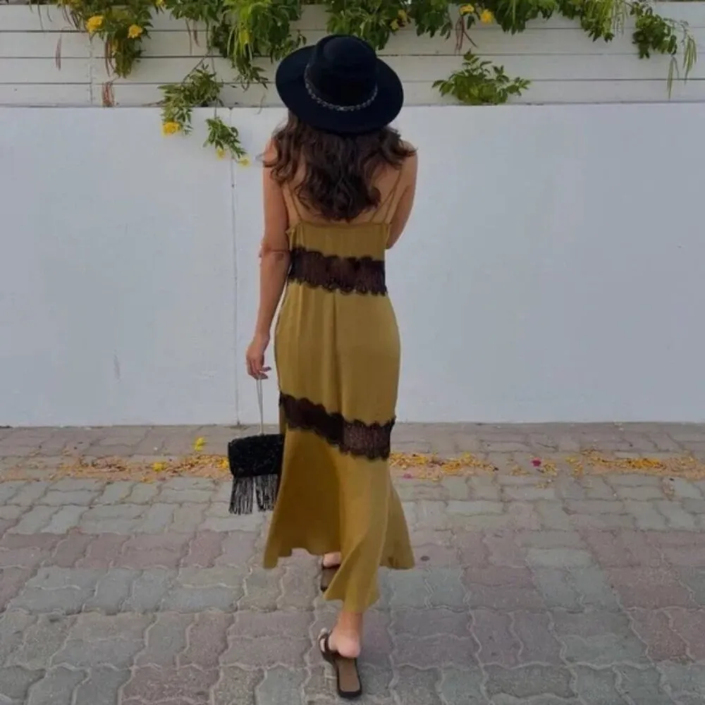 Zara Gold Satin & Black Lace Asymmetric Midi Slip Dress XS - Image 2