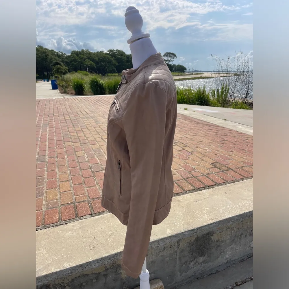 Cavalini Y2K vegan leather tan camel zip front moto jacket. Size large. - Image 3