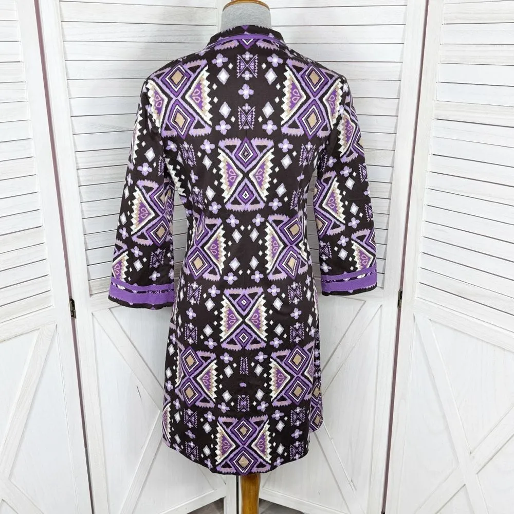 Tory Burch Ikat Tribal Print Cotton‎ Caftan Tunic Dress Brown Purple 6 - Image 4