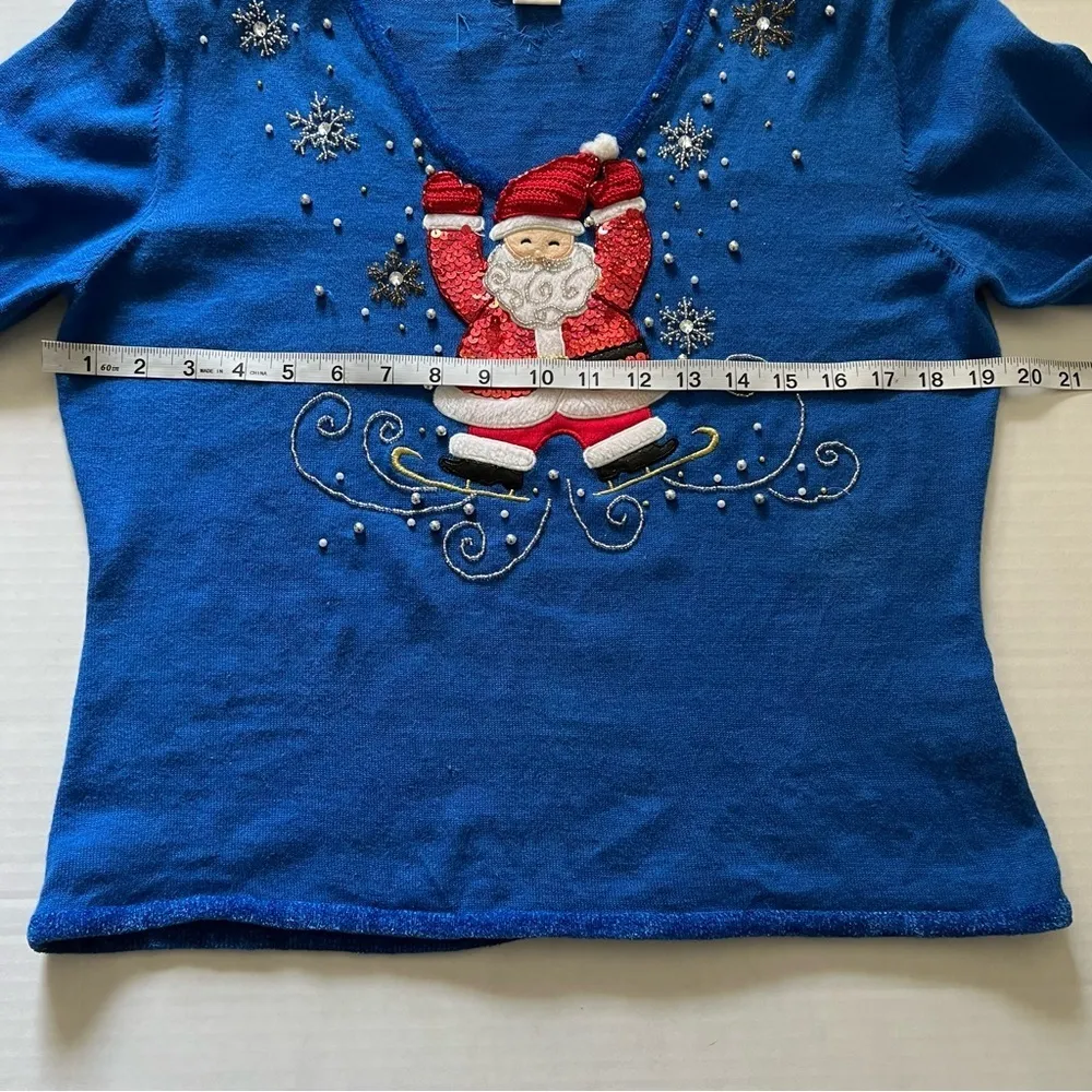 Vintage Jack be quick Santa sweater v neck blue beaded size medium - Image 14