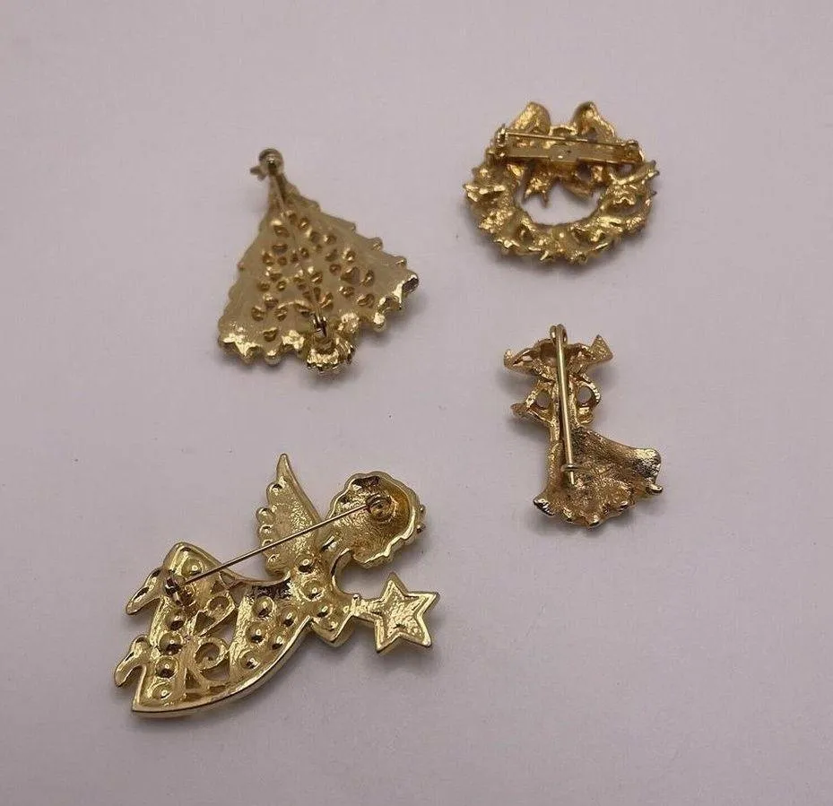 Lot Of 4 Gold Tone Costume Brooch Pins Christmas Holiday Wreath / Angel / Tree - Image 6