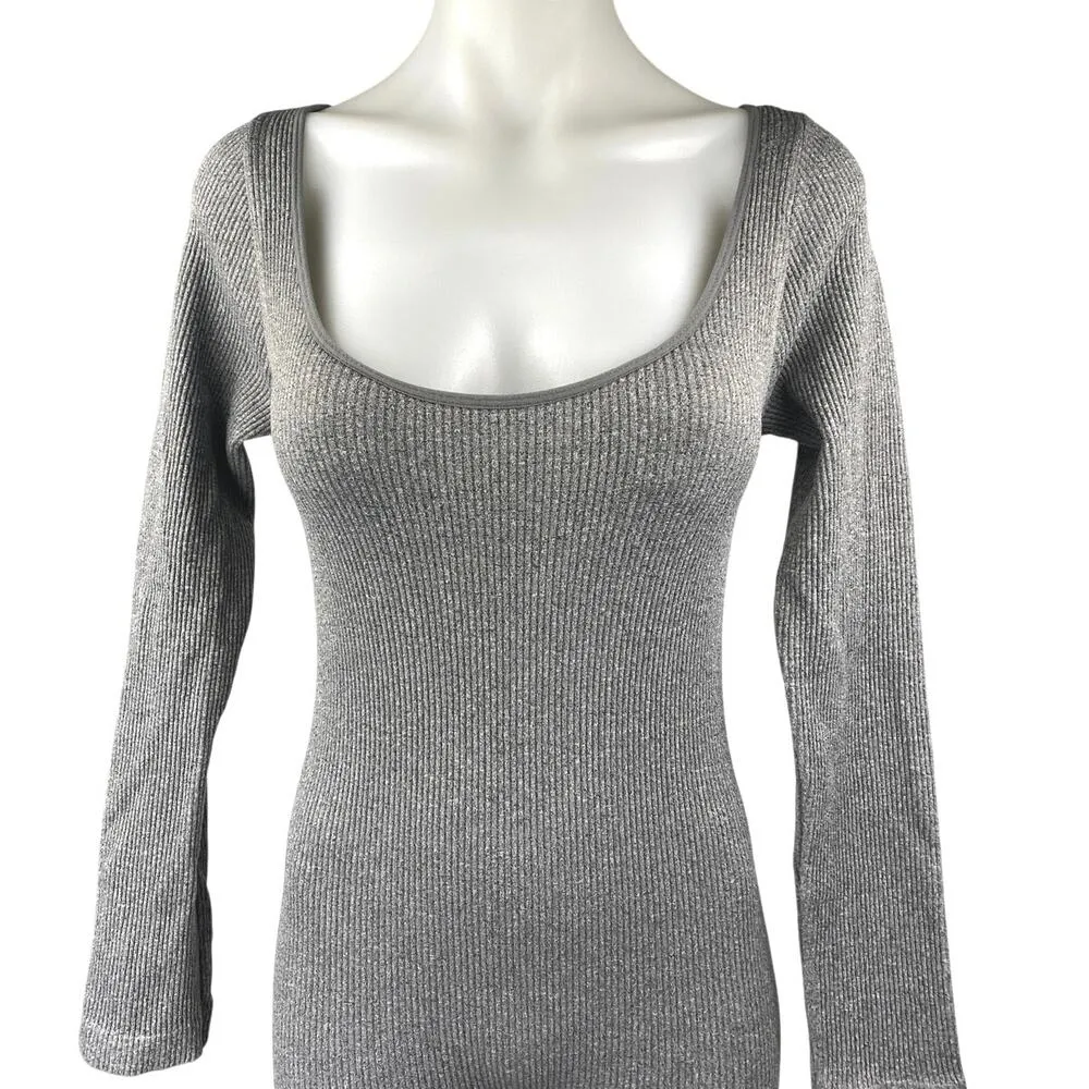 FCT with Love Gray Ribbed Knit Long Sleeve Square Neck One Piece Jumpsuit Size S - Image 4