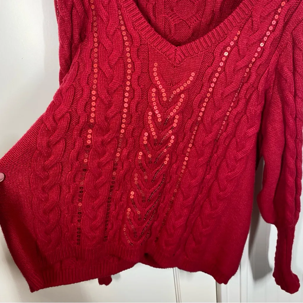 Boston Proper Red Sequin Cable V Neck Sweater Size xl Christmas holiday Winter - Image 6