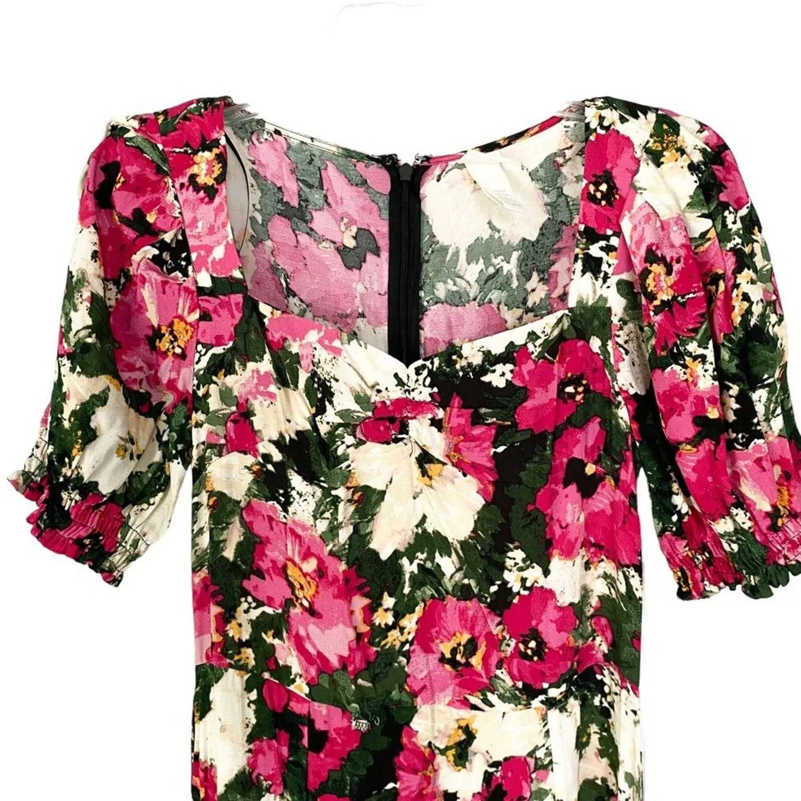 H&M Pink Green Floral Puff Sleeve Sweetheart Slit Midi Dress Size XXS - Image 5