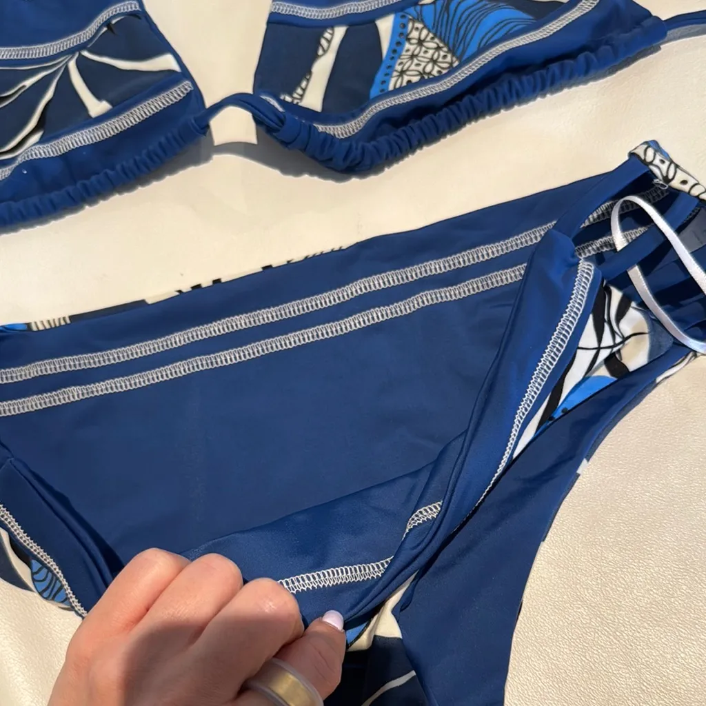 Women large Blue leaves pattern Bikini triangle top bottom Set stitching - Image 5