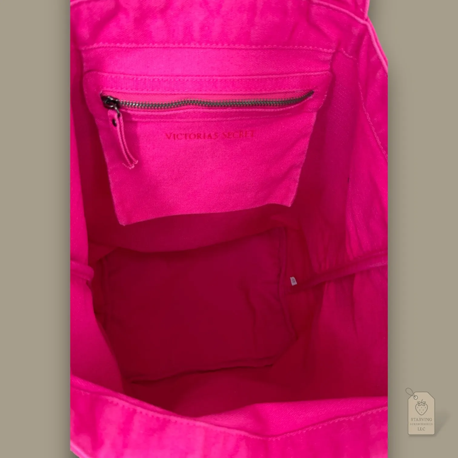 Victoria’s Secret Large Hot Pink Canvas Tote Bag Red Sequin Stripe Shopper 2011 - Image 3