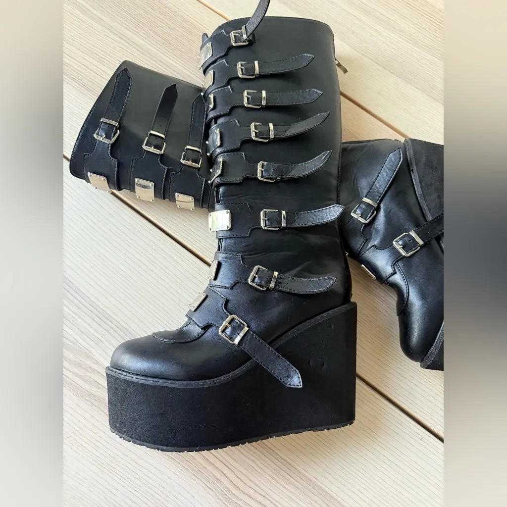 Swing strap knee boots Chic Black Multi-Buckle Platform women mid calf size 9 - Image 3