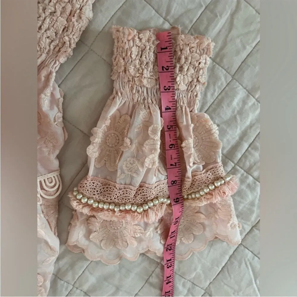 Laurie & Joe Pastel Peach Embroidered Boho Flower Strapless Babydoll Dress - Image 9