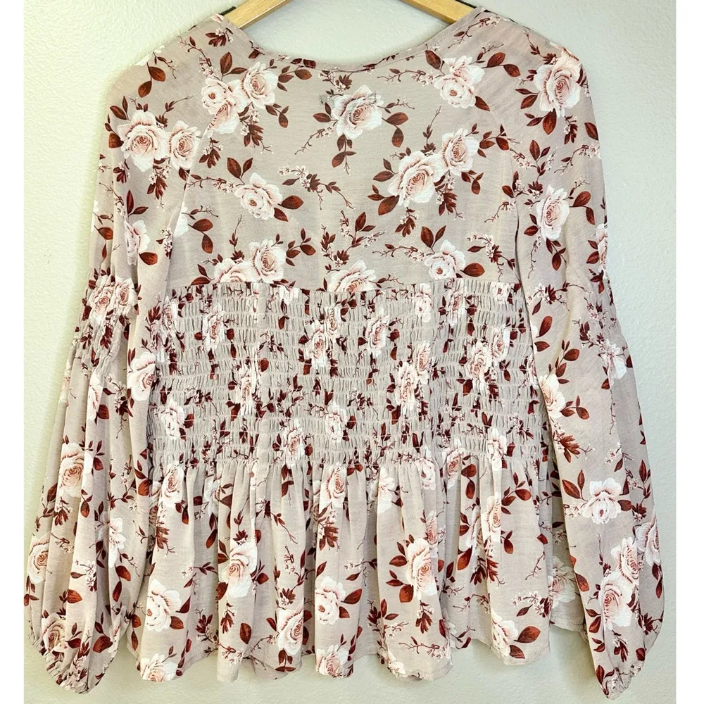 NWT American Eagle Outfitters Floral Smocked Tie Neck Ruffle Top Blouse - Image 2